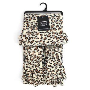 Womens Winter FLEECE LEOPARD PRINT Hat Scarf Gloves SET